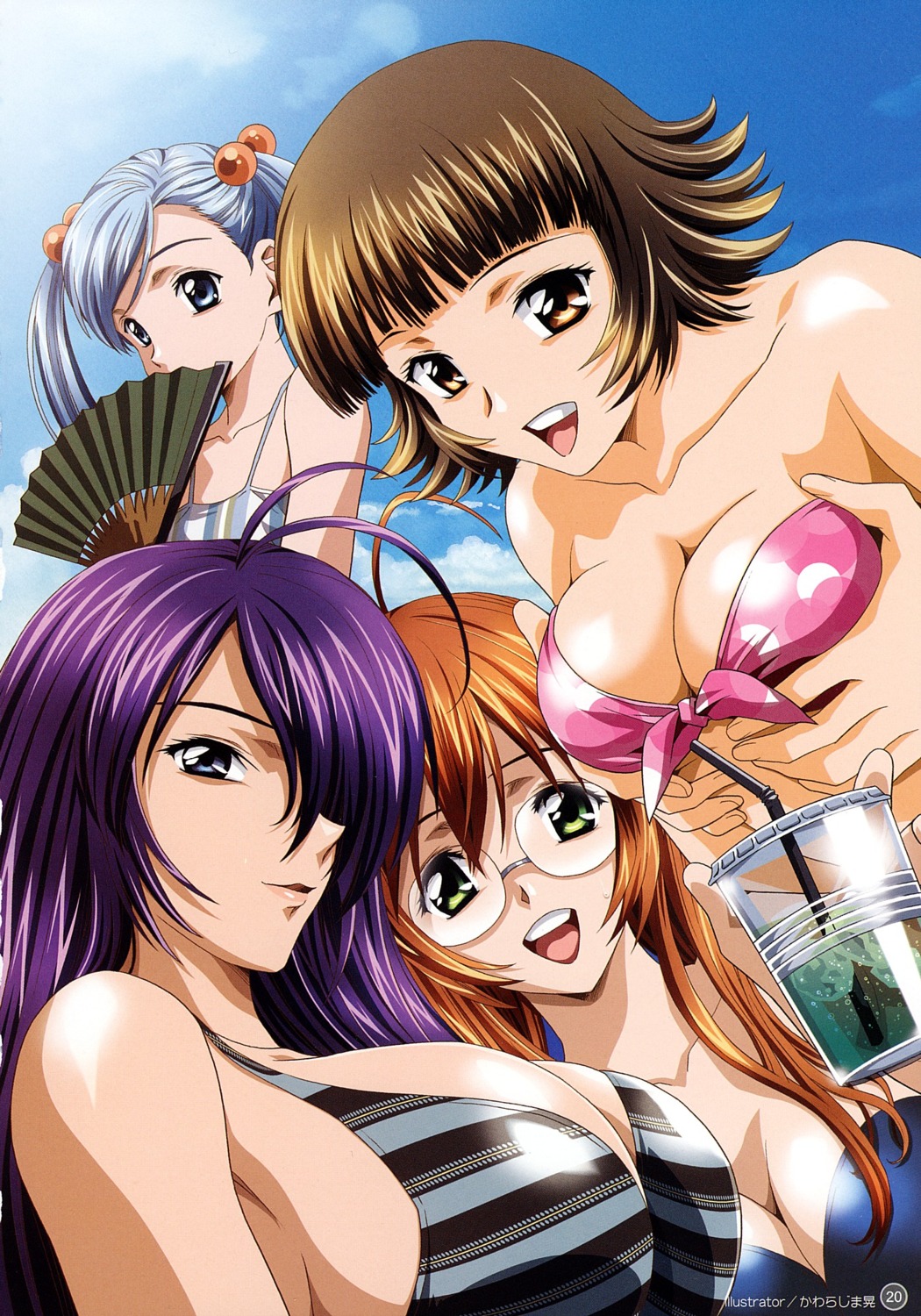 ahoge antenna_hair artbook bikini blue_eyes blue_hair breast_grab breast_squeeze breasts brown_eyes brown_hair chouhi_ekitoku cleavage covered_mouth dutch_angle fan fanbook female folding_fan green_eyes hair_bobbles hair_ornament hair_over_one_eye happy highres huge_breasts ikkitousen kanu_unchou kawarajima_kou mizugi multiple_females multiple_girls official_fanbook open_mouth rule34 ryuubi_gentoku scan shokatsuryou_koumei short_hair striped striped_bikini striped_swimsuit swimsuit tied_hair twintails