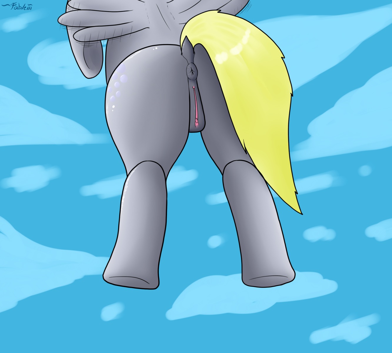 anus clitoris cutie_mark derpy_hooves_(mlp) e621 equid equine fableiii faceless_character faceless_female feathered_wings feathers female feral flying friendship_is_magic fur genitals grey_body grey_feathers grey_fur hair hasbro hi_res hooves mammal my_little_pony mythological_creature mythological_equine mythology pegasus raised_tail rear_view solo tail vulva wings yellow_tail