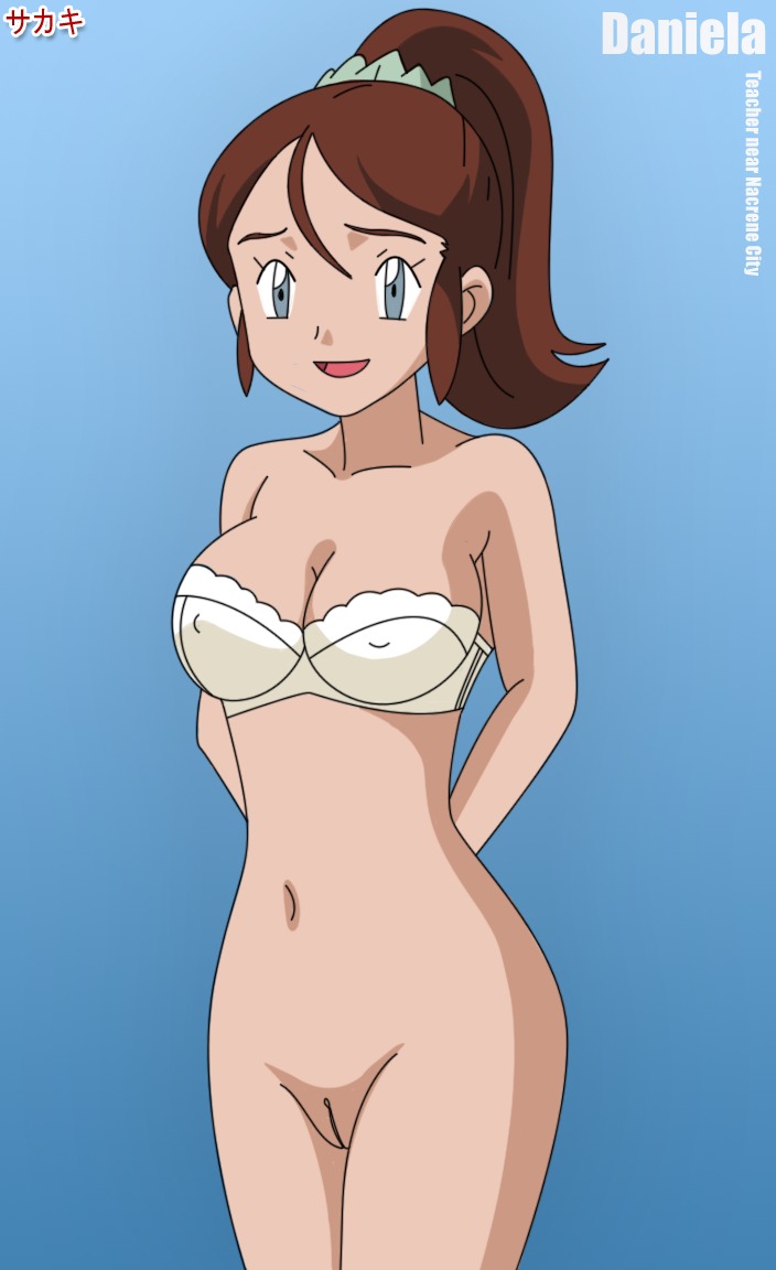 1girls bottomless bra bra_only character_of_the_day daniela_(pokemon) female hips nursery_aide_(pokemon) pokemon pokemon_(anime) pussy rule34 sakaki_(artist) smile teacher