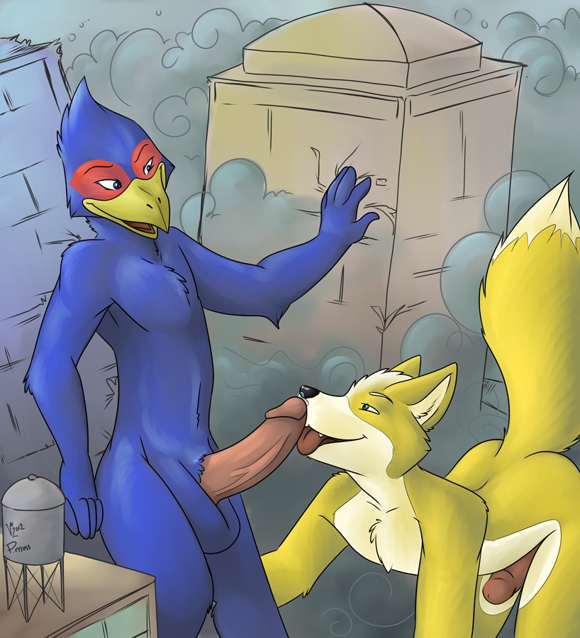 2012 5_fingers anthro anthro_on_anthro avian balls beak bent_over bird blue_balls blue_body blue_eyes blue_feathers bodily_fluids butt canid canine city dated destruction dipstick_tail duo e621 erection falco_lombardi feathers fellatio fingers fox fox_mccloud fur genital_fluids genitals green_eyes humanoid_genitalia humanoid_penis interspecies licking macro macro_on_macro male male/male mammal markings nintendo nude open_mouth oral outside outside_sex penile penis penis_lick pmoss precum sex signature star_fox tail tail_markings tongue tongue_out vein veiny_penis water_tower yellow_body yellow_fur