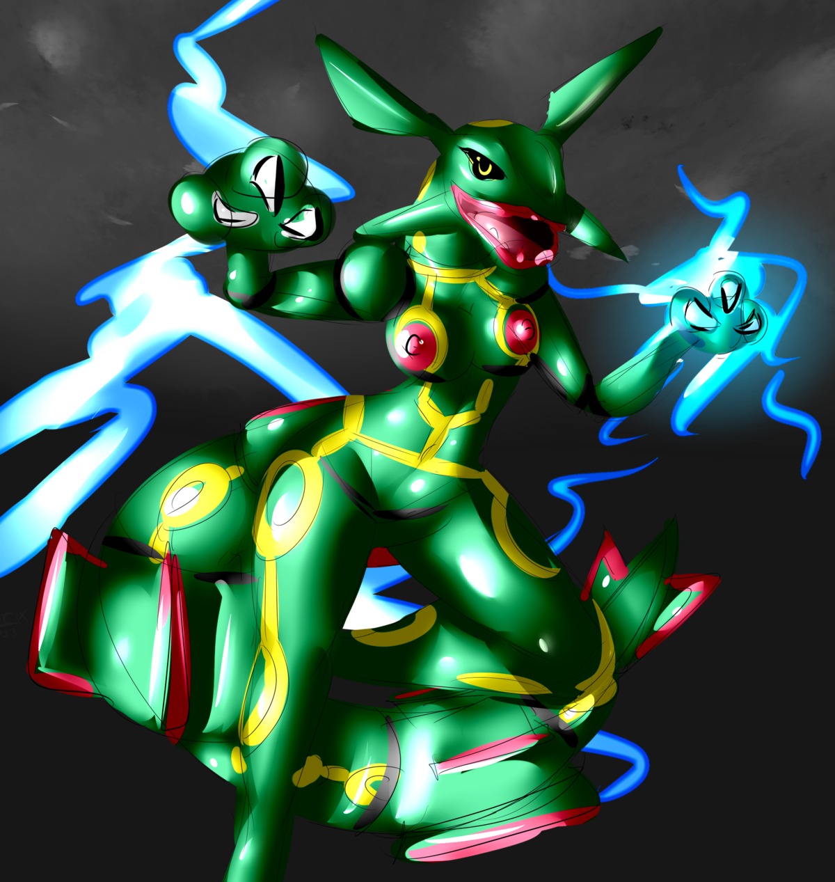 2013 anthro anthrofied breasts digital_media_(artwork) dragon e621 electricity elpatrixf female generation_3_pokemon hi_res legendary_pokemon lightning mythological_creature mythological_scalie mythology nintendo nipples non-mammal_breasts non-mammal_nipples open_mouth pokemon pokemon_(species) pokemorph rayquaza red_nipples scalie solo tail