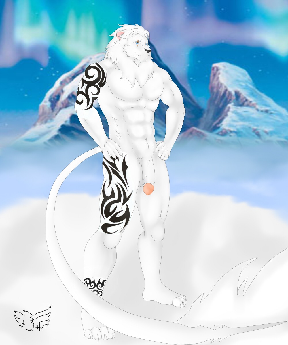 2012 5:6 abs anthro athletic aurora_(phenomenon) biceps big_muscles biped circumcised detailed_background e621 felid flaccid fur genitals glacier hi_res humanoid_genitalia humanoid_penis hunterramirez lion long_tail male mammal muscular muscular_anthro muscular_male nude outside pantherine pecs penis pose snow solo standing tail tattoo tribal tribal_tattoo