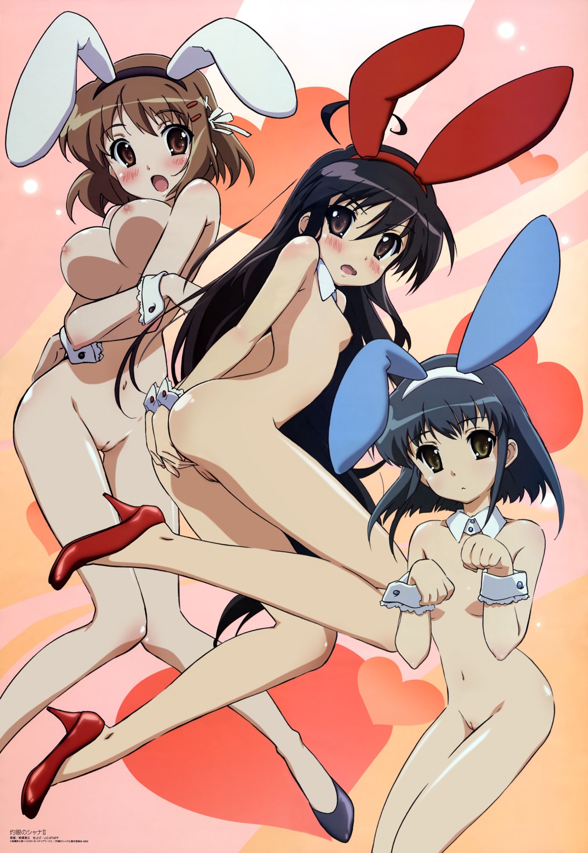 3girls aizawa_sumie black_hair breasts brown_hair bunny_ears bunny_girl female high_heels high_resolution huge_eyes innie_pussy konoe_fumina multiple_females multiple_girls nipples nude nude_filter photoshop pussy rule34 shakugan_no_shana shana third-party_edit uncensored yoshida_kazumi