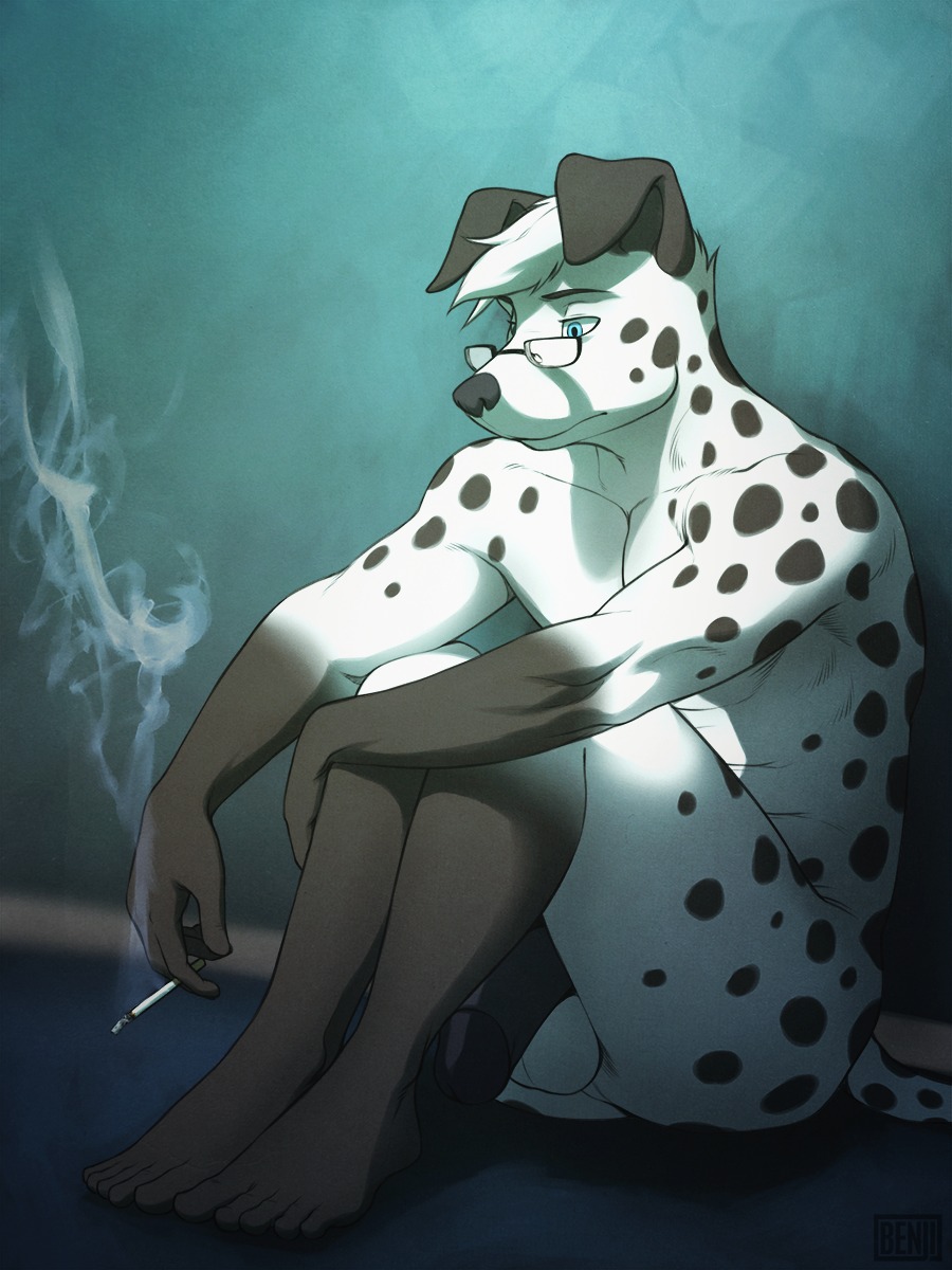 2012 3:4 anthro athletic balls biceps big_penis biped black_body black_fur black_nose black_penis blue_eyes bng canid canine canis cigarette circumcised dalmatian dexdoggy digital_media_(artwork) domestic_dog dramatic e621 eyewear feet flaccid fur genitals glasses hi_res humanoid_feet humanoid_genitalia humanoid_penis male mammal markings muscular muscular_anthro nude pecs penis plantigrade pose presenting sad shaded sitting smoke smoking solo spots thinking thoughtful_expression white_balls white_body white_fur