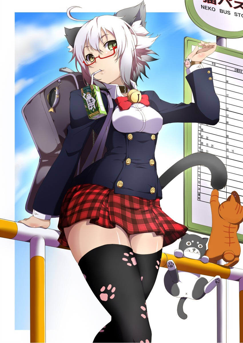 absolute_territory ahoge alternative_fashion animal_humanoid anus bell black_clothing black_legwear bottomwear bus_stop cat_humanoid cat_tail clock clothing cloud collar domestic_cat e621 eyewear felid felid_humanoid feline feline_humanoid felis female footprint glasses green_eyes grey_hair gyaru hair heterochromia hi_res humanoid j-fashion japanese_text juice_box kogal legwear mammal mammal_humanoid miyabi_(miura105) outside pattern_bottomwear pattern_clothing pattern_skirt pawprint plaid plaid_bottomwear plaid_clothing plaid_skirt railing raised_arm short_hair skirt sky solo standing text thigh_highs translation_request watch wristwatch x_anus yellow_eyes