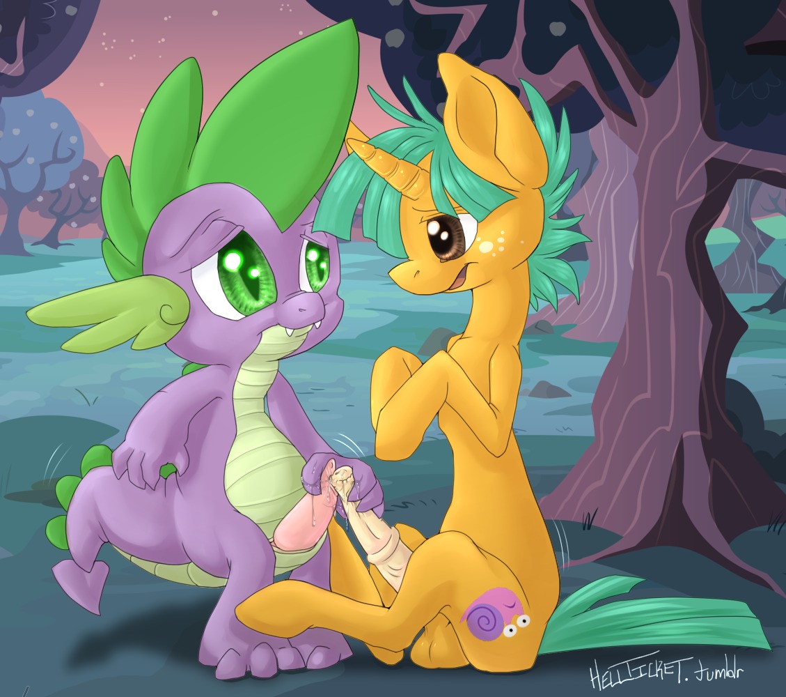 2013 anthro anthro_on_feral balls bestiality brown_eyes cutie_mark dragon duo e621 equid equine erection eye_contact feral freckles friendship_is_magic frottage fur genitals green_eyes hasbro hellticket horn interspecies looking_at_another male male/male mammal my_little_pony mythological_creature mythological_equine mythological_scalie mythology orange_body orange_fur outside penile penis penises_touching plant purple_body scalie sex sitting snails_(mlp) spike_(mlp) tail tree unicorn young young_anthro young_feral