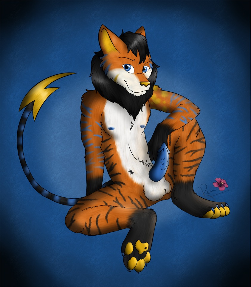 anthro balls blue_background digital_media_(artwork) e621 erection felid genitals hybrid liger lion male mammal nude pantherine penis renashe simple_background solo tail zero_(character)