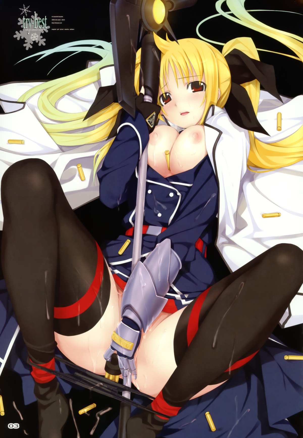 bardiche blonde_hair breasts clothing cum fate_testarossa female female_only high_resolution human large_breasts lyrical_nanoha mahou_shoujo_lyrical_nanoha mahou_shoujo_lyrical_nanoha_strikers mikazuki_akira nipples open_clothes open_shirt panties parody png_version_available princess_lover rule34 shirt silvia_van_hossen solo stockings straight_hair thighhighs tied_hair twintails