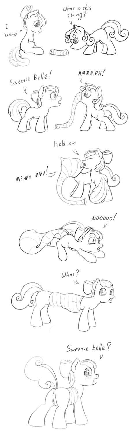 accessory anus apple_bloom_(mlp) blush bow_(feature) bow_accessory bow_ribbon butt centered_hair_bow dialogue duo e621 earth_pony english_text equid equine female feral friendship_is_magic fur fusion genitals hair hair_accessory hair_bow hair_ribbon hasbro hi_res horn horse mammal monochrome my_little_pony mythological_creature mythological_equine mythology open_mouth pony posexe raised_tail ribbons simple_background sweetie_belle_(mlp) tail text unicorn vulva white_background young young_feral