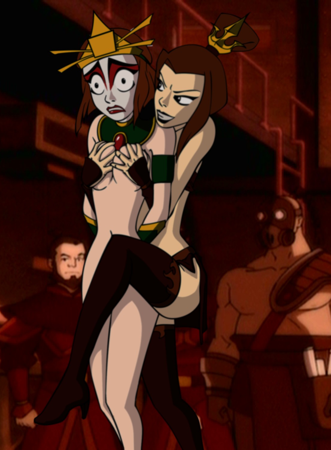 2boys 2girls avatar_the_last_airbender azula breasts clothing earth_kingdom female female_focus fire_nation human kyoshi_warrior male medium_breasts multiple_boys multiple_females multiple_girls multiple_males nickelodeon rule34 skullboy2010 stockings suki tagme yuri