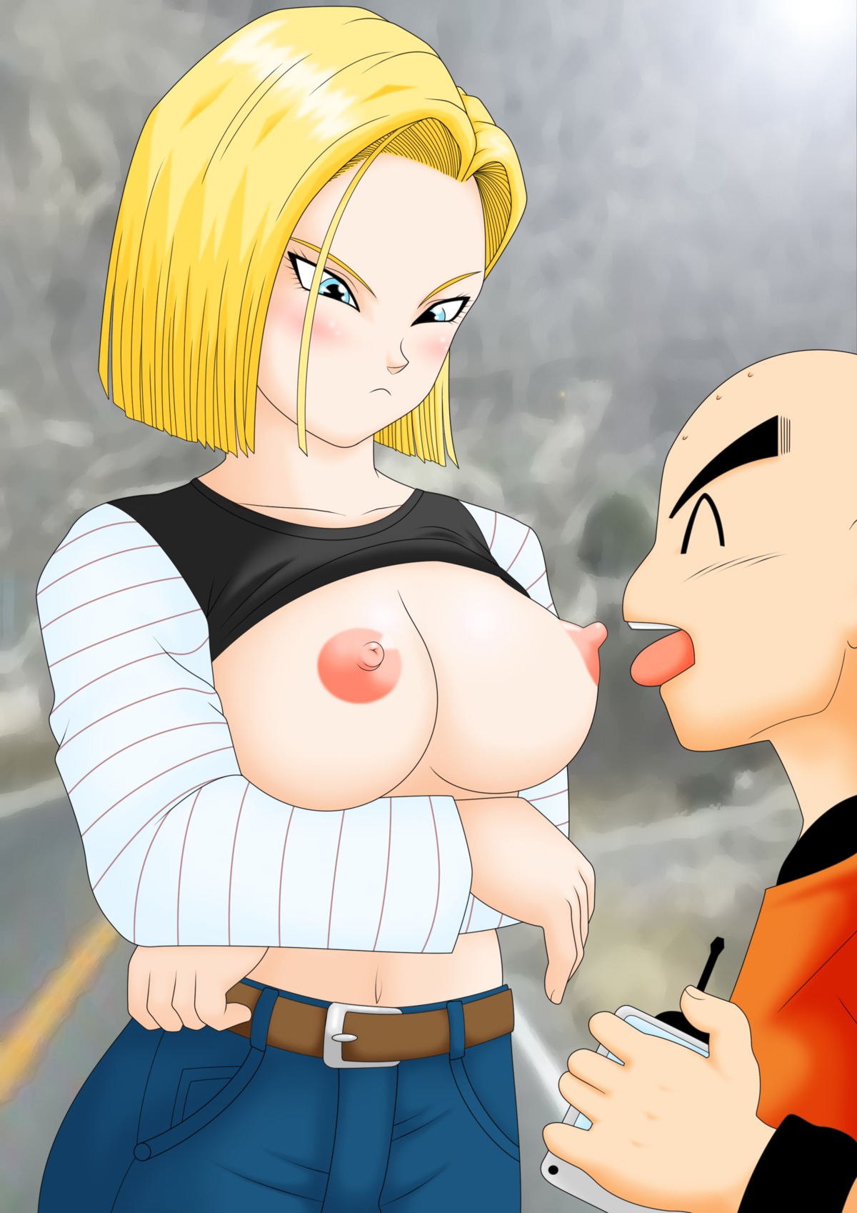 android_18 belt blonde_hair blue_eyes blush breasts crossed_arms dragon_ball dragon_ball_z female high_resolution human jeans krillin kuririn male navel nipples rule34 shirt_lift short_hair straight