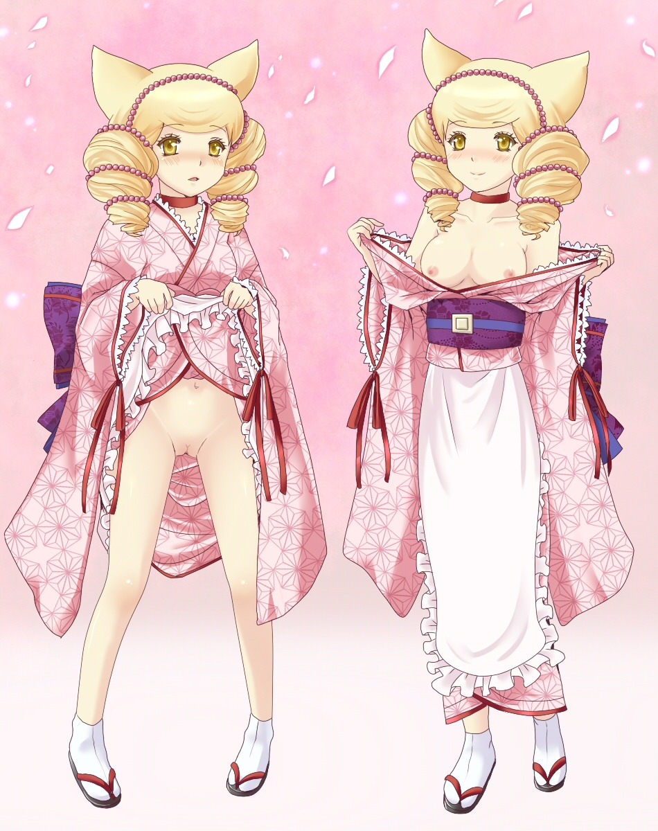 2girls animal_ears apron bare_shoulders blonde_hair blush bonbori breasts drill_hair exposed_breasts exposed_pussy female female_only footwear fox_ears highres hoozuki hoozuki_(otome_youkai_zakuro) humanoid japanese_clothes legs multiple_females multiple_girls navel nipples no_bra no_panties oginy open_mouth otome_youkai_zakuro petals pussy rule34 shirt_down skirt_lift socks twins uncensored white_legwear white_socks yellow_eyes youkai