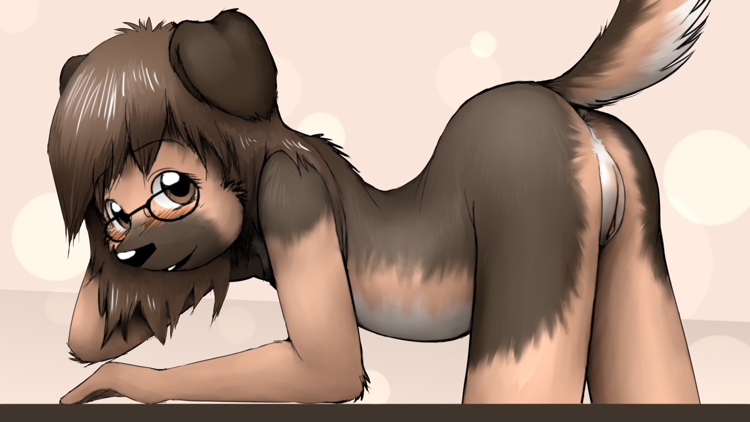 16:9 anthro blush brown_eyes butt canid canine canis domestic_dog e621 edis_krad eyewear female genitals glasses hi_res loli looking_at_viewer mammal nude pose presenting presenting_hindquarters raised_tail smile solo tail vulva wallpaper widescreen young young_anthro young_female