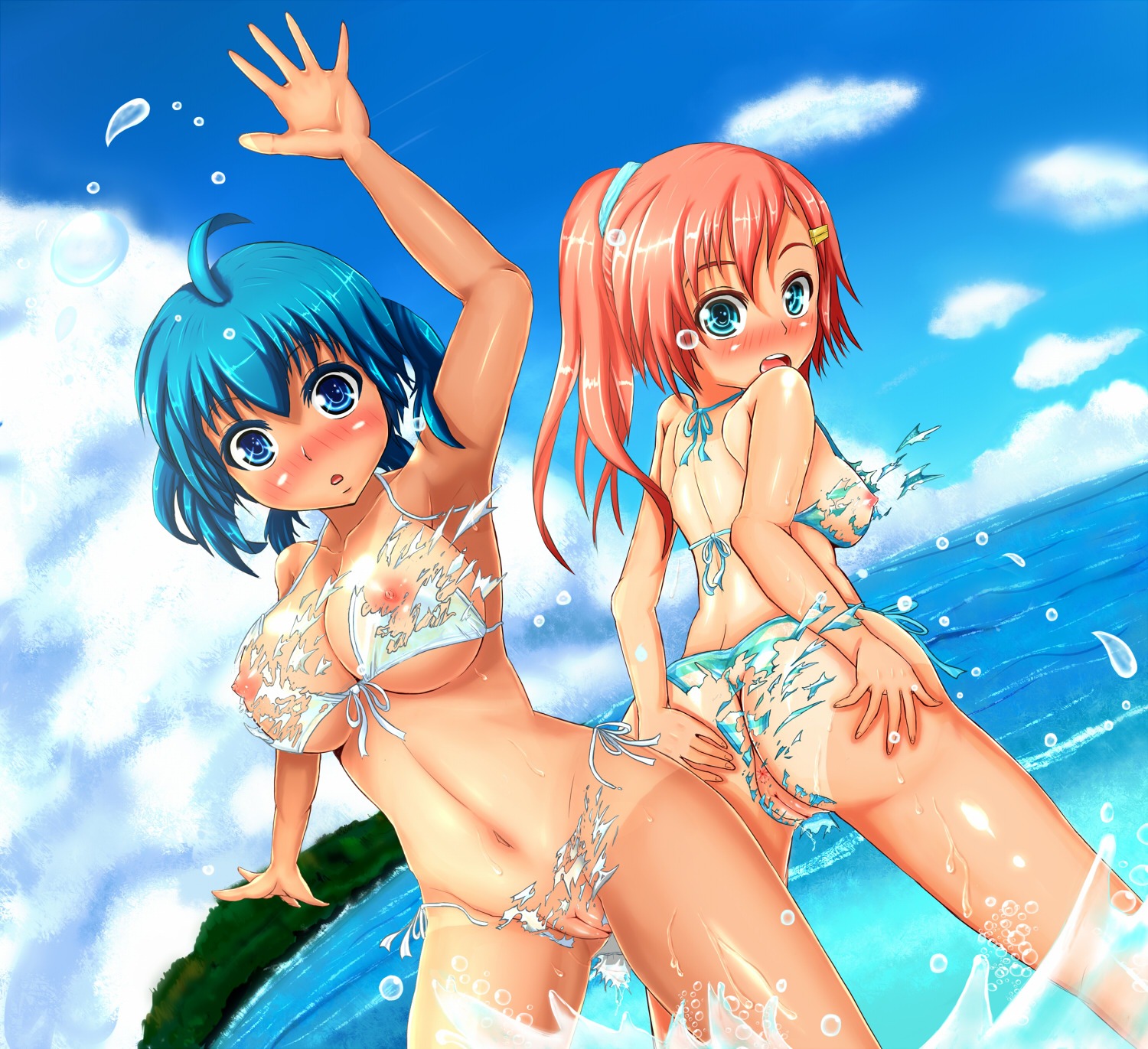 2girls anus ass beach bikini blue_eyes blue_hair blush breasts cloud erect_nipples female front-tie_top green_eyes green_hair highres long_hair looking_back multiple_females multiple_girls nipples original pussy red_hair rule34 short_hair side-tie_bikini sky splashing striped striped_bikini striped_swimsuit sukesan swimsuit tan tanline torn_clothes uncensored wardrobe_malfunction waving wet