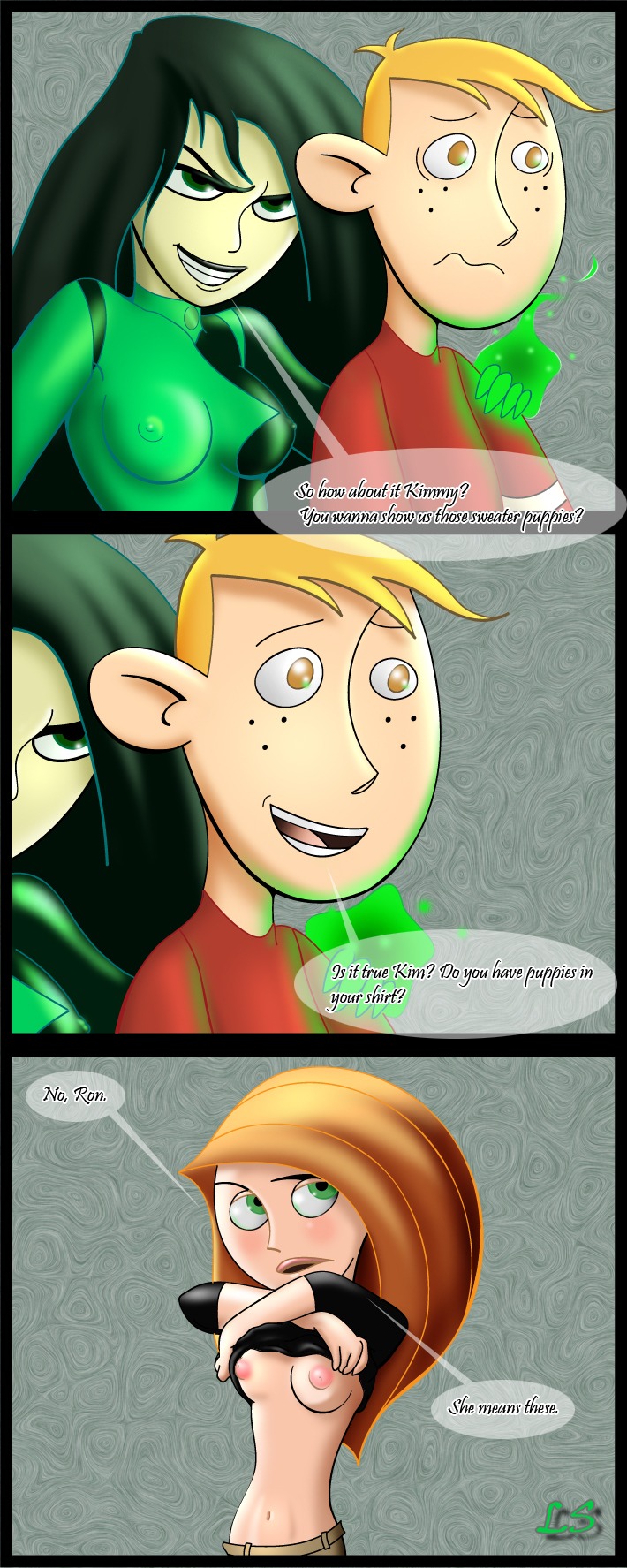 1boy 2girls breasts comic disney english_text female human kim_possible kimberly_ann_possible male medium_breasts multiple_females multiple_girls nipples ron_stoppable rule34 shego shirt_lift straight_hair tagme text undressing