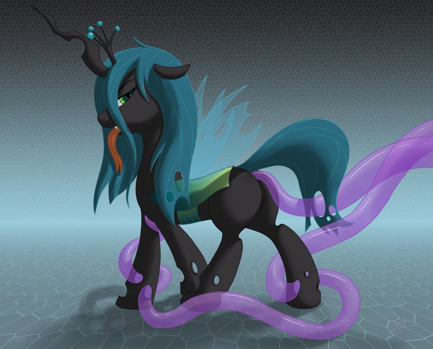 abstract_background anal anal_penetration anus arthropod black_body changeling_(mlp) consentacles e621 female feral friendship_is_magic genitals green_eyes green_hair hair hasbro hi_res horn insect_wings my_little_pony penetration queen_chrysalis_(mlp) simple_background skipsy solo tail tentacles tongue tongue_out translucent translucent_tentacles vulva wings