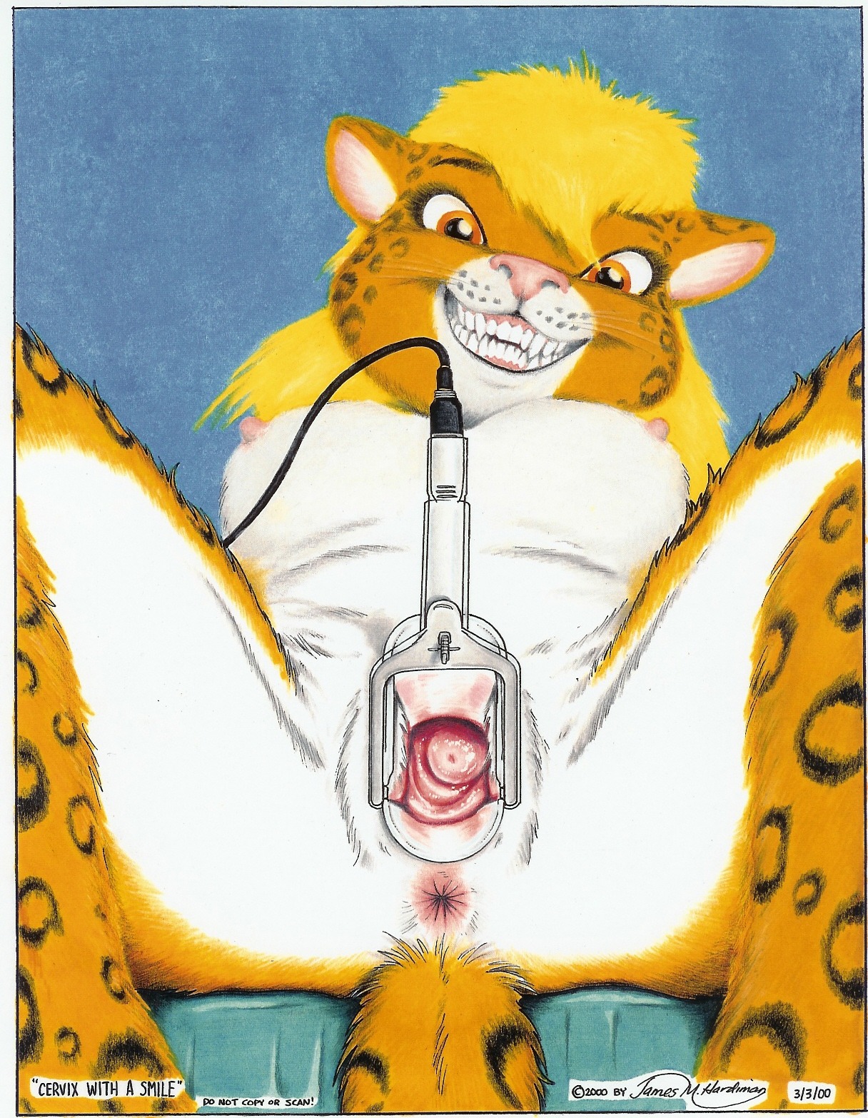 2000 anthro anus biped blonde_hair breasts butt cervix close-up e621 felid female gaping genital_close-up genitals grin gynecological hair hi_res james_m_hardiman leopard leopard_spots lying mammal nipples nude on_back pantherine rape_face smile solo speculum spots spread_legs spread_vulva spreading tail tail_anus vaginal_canal vulva vulva_close-up