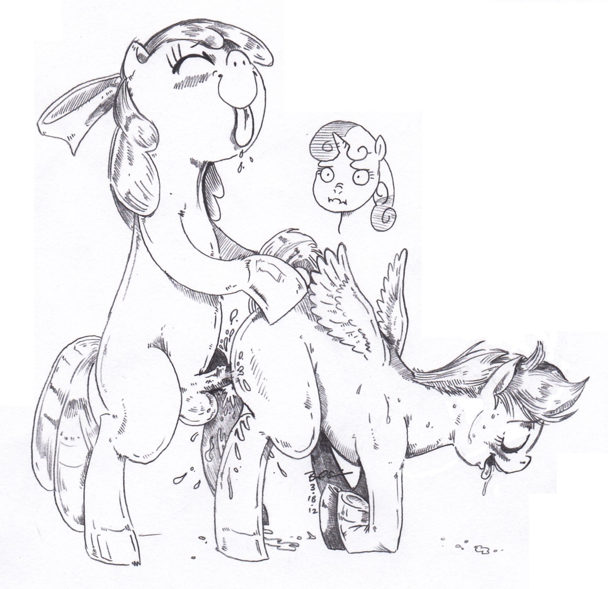 2012 all_fours apple_bloom_(mlp) balls blush bodily_fluids cutie_mark_crusaders_(mlp) doggystyle drooling e621 earth_pony equid equine erection feathered_wings feathers female female_penetrated feral friendship_is_magic from_behind_position genitals greyscale group gynomorph gynomorph/female gynomorph_penetrating gynomorph_penetrating_female hasbro hi_res hooves horn horse intersex intersex/female intersex_penetrating intersex_penetrating_female loli mammal monochrome mounting my_little_pony mythological_creature mythological_equine mythology nude pegasus penetration penis pony quadruped saliva scootaloo_(mlp) sex sweetie_belle_(mlp) tail tongue tongue_out unicorn unknown_artist vaginal vaginal_penetration wings young young_female young_feral