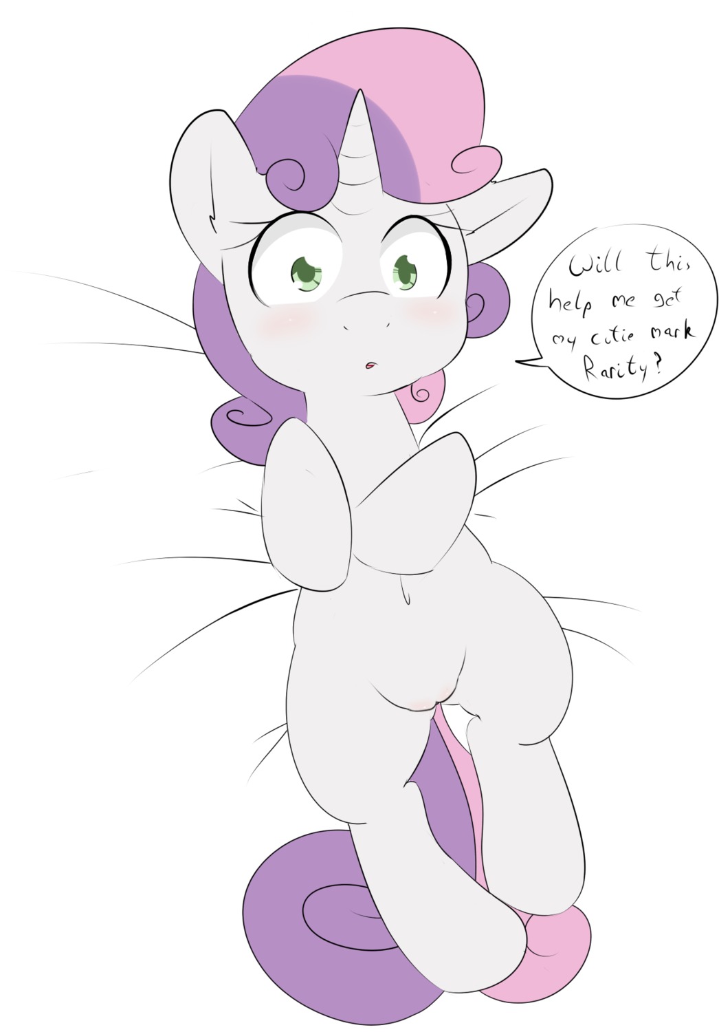 2013 blush dialogue e621 english_text equid equine female feral friendship_is_magic fur genitals green_eyes hair hasbro hi_res horn kryptchild lying mammal multicolored_hair my_little_pony mythological_creature mythological_equine mythology on_back solo sweetie_belle_(mlp) text two_tone_hair unicorn vulva white_body white_fur young young_feral