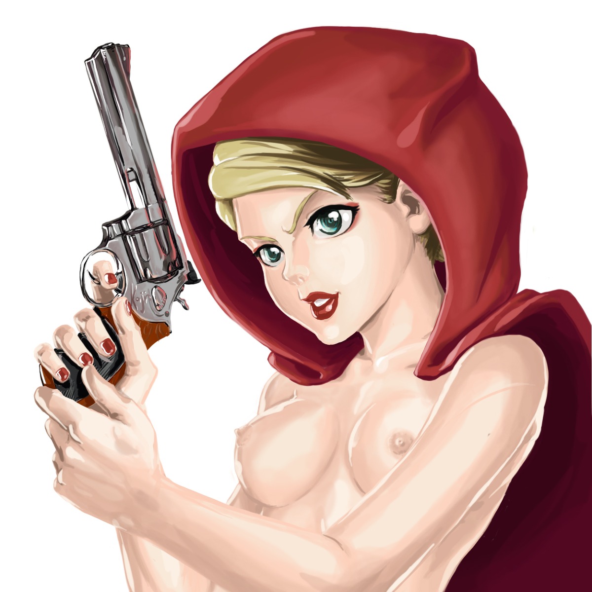 blonde_hair breasts casual_exposure cloak female female_only holding_gun hood human little_red_riding_hood naked_hood nipples pale_skin revolver rule34 solo tagme white_background