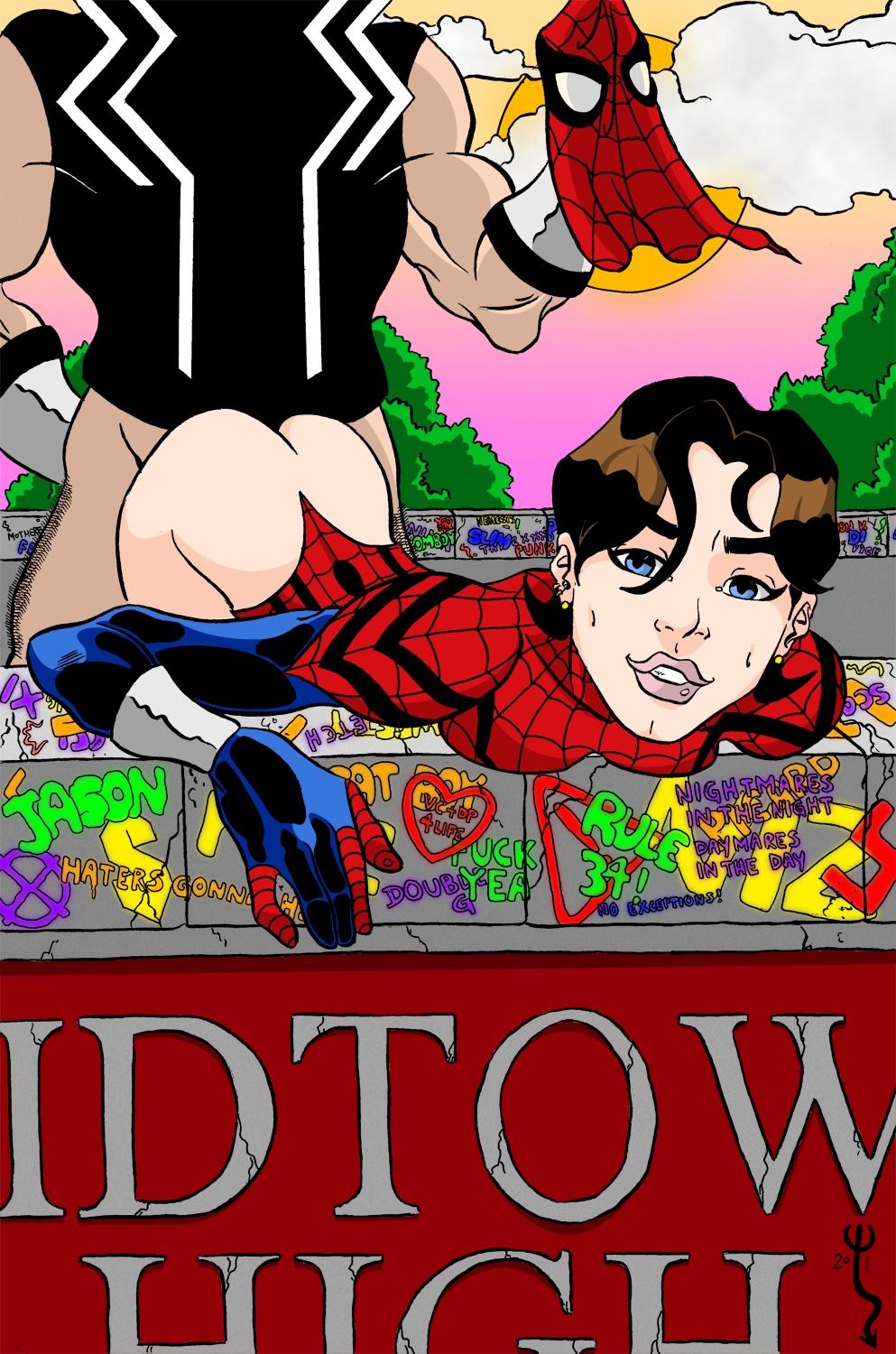 1boy 1girls 2011 ass ass_up black_tarantula blue_eyes bottomless breasts brown_hair ear_piercing fabian_lamuerto female from_behind_position furiousd graffiti human human_only large_penis light-skinned_female light_skin male male/female marvel marvel_comics mayday_parker mc2 medium_breasts no_panties no_underwear nude nudity outdoors penis rule34 sex short_hair spider-girl spider-man_(series) straight superheroine uncensored unmasked