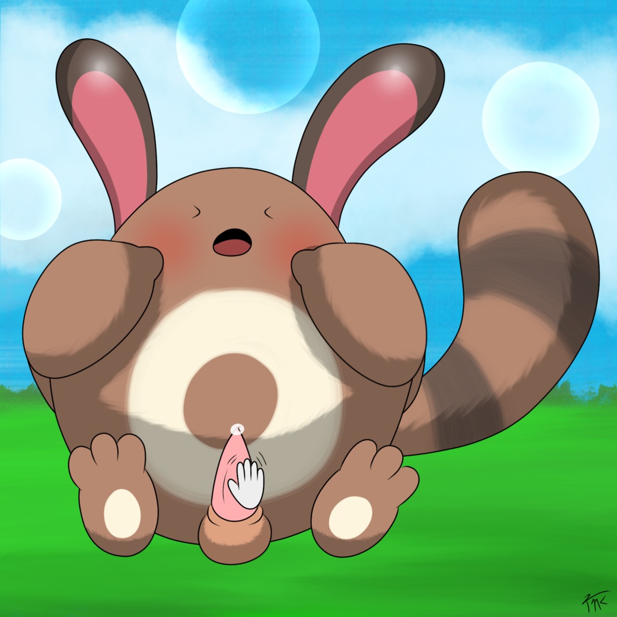 1:1 balls blush bodily_fluids cloud cursor e621 erection eyes_closed feet feral generation_2_pokemon genital_fluids genitals handjob hi_res hindpaw male neitsuke nintendo nude open_mouth outside paws penile penis pokemon pokemon_(species) pokemon_amie precum sentret sex sky solo_focus