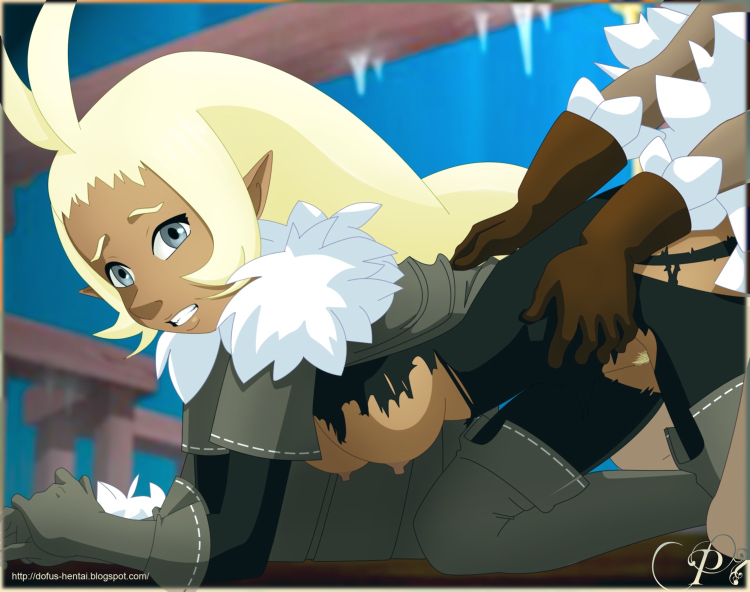 1boy 1girls ankama blonde_hair breasts captain captain_femme clothing color dark_skin ear exposed_breasts eyes female female_focus grey_eyes humanoid long_hair male nipples open_eyes partial_male pointy_ears pubic_hair rule34 sex skin straight teeth toony torn_clothing wakfu