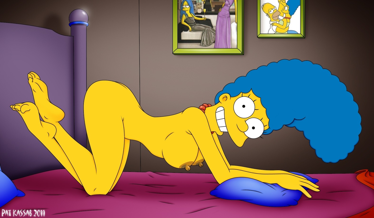 accurate_art_style all_fours bed blue_hair breasts color female female_only hair human indoors marge_simpson nipples nude pat_kassab rule34 side_view smile solo tagme the_simpsons yellow_skin
