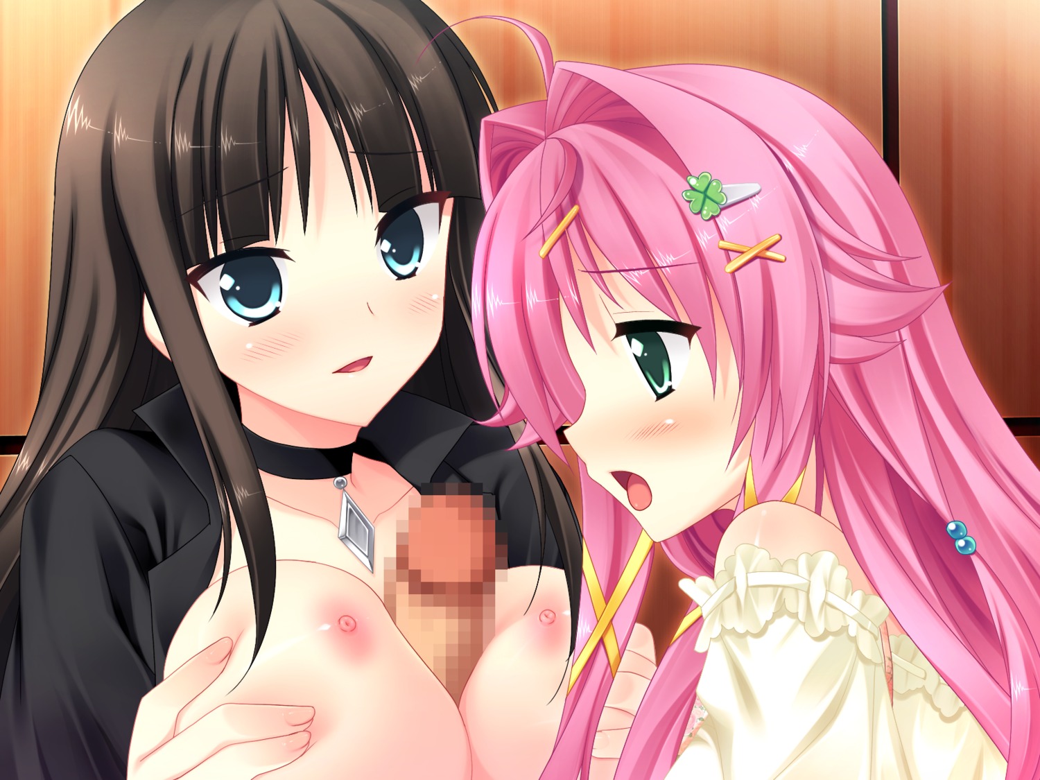 awashima_akane black_hair blush breasts censored female game_cg male mecha-con! narusawa_sora nipples paizuri penis pink_hair rule34 sakurajima_moe straight