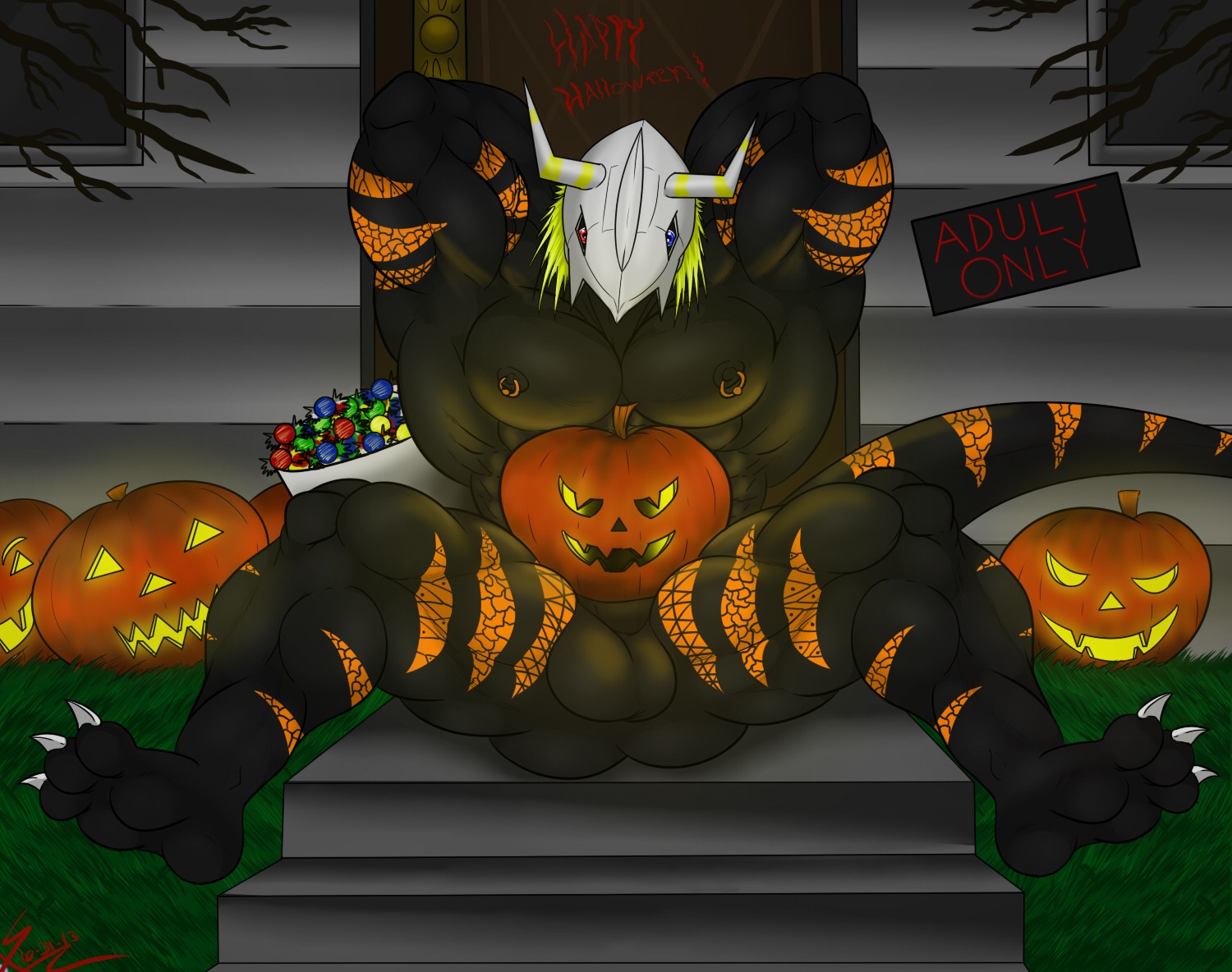 2013 3_toes abs anthro balls bandai_namco barefoot biceps big_muscles biped black_penis blackwargreymon blonde_hair blue_eyes building butt candy claws dessert digimon digimon_(species) dinosaur drayce_(saixyuniz-xynz) e621 english_text erection exclamation_point feet food fruit genitals grass hair halloween hands_behind_head headgear heterochromia holidays horn house jack-o'-lantern looking_at_viewer male manly markings mask mask_only muscular muscular_anthro muscular_male night nipple_piercing nipples non-mammal_balls nude outdoor_nudity outside pecs penis piercing plant plantigrade pose prehistoric_species pumpkin raised_leg red_eyes reptile saixyuniz-xynz saurischian scalie sitting solo spread_legs spreading tail text theropod toe_claws toes tree window wood