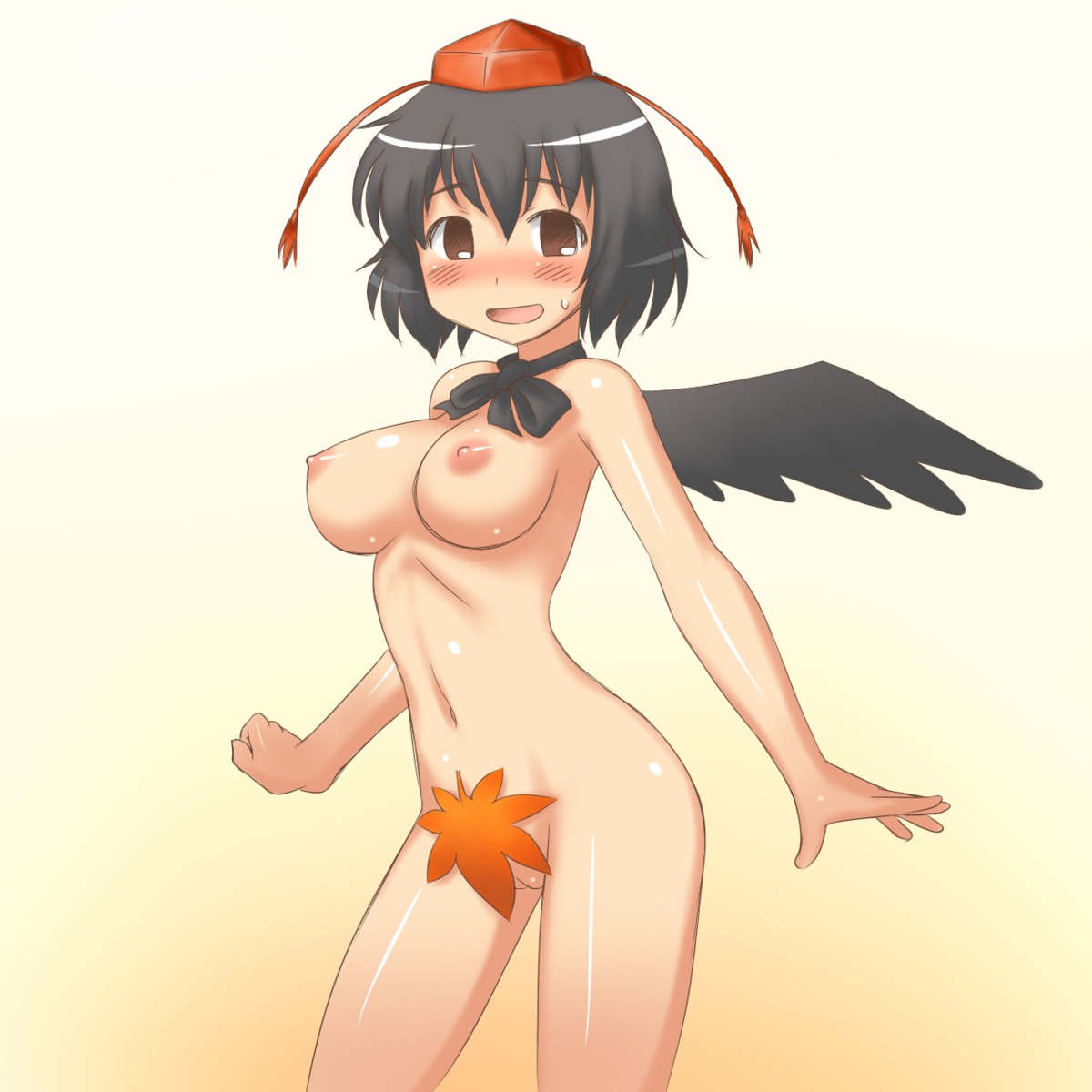 1girls aaaa black_wings blush breasts censored female hat highres large_breasts leaf leaves nipples nude pointless_censoring purple_hair pussy ribbon rule34 shameimaru_aya shiny shiny_skin solo sweat touhou uncensored wings