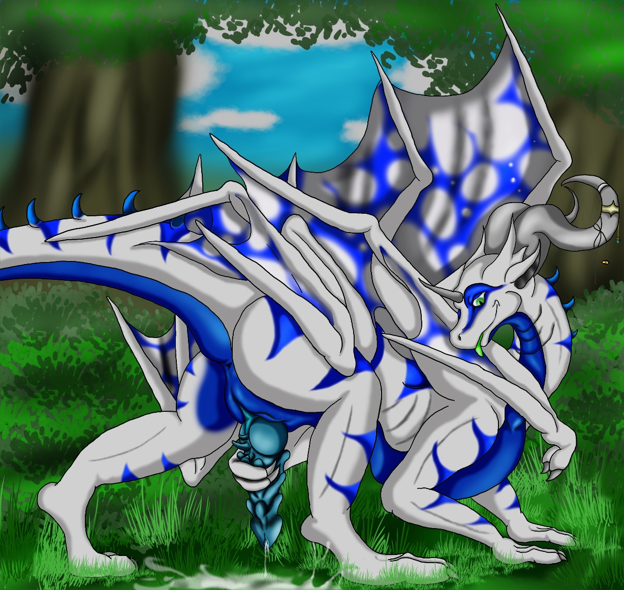 2012 blue_body blue_countershading blue_markings bodily_fluids countershading cum day detailed_background dragon e621 erection feral forest genital_fluids genitals graffitidragon green_eyes green_tongue horn iggy_(graffitidragon) male markings masturbation membrane_(anatomy) membranous_wings messy mythological_creature mythological_scalie mythology outside penile penile_masturbation penis plant scalie solo tail tongue tree wings wood