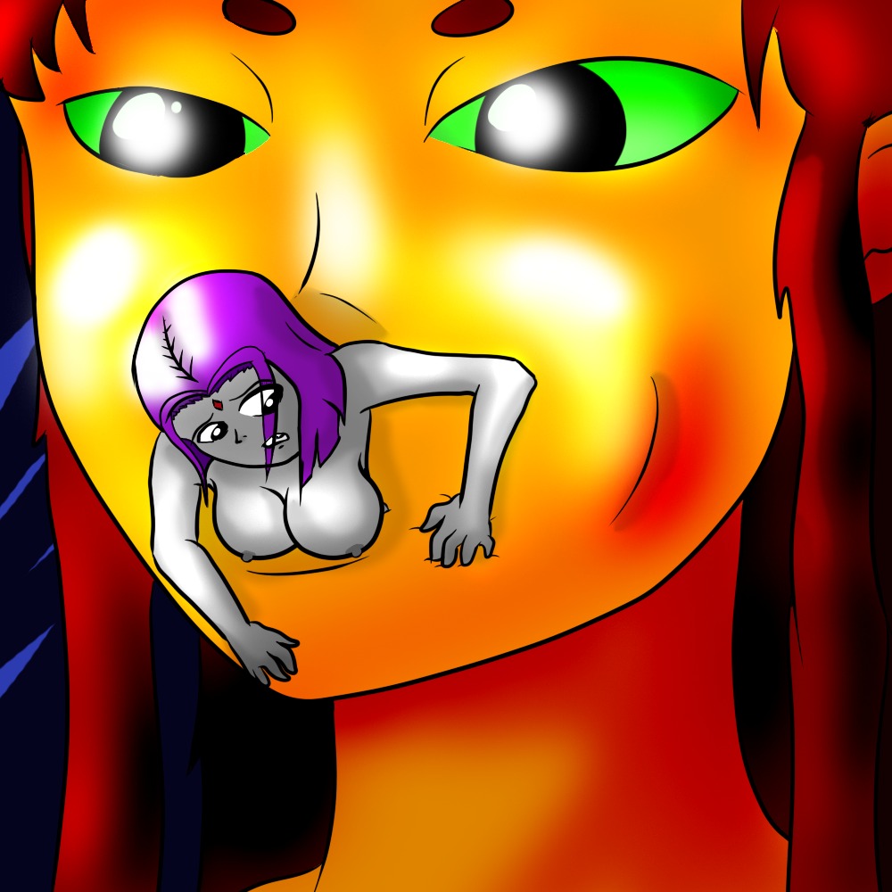 2girls dc dc_comics female female_only female_pred female_prey ilackausername imminent_death macro micro micro_female rachel_roth raven_(dc) rule34 size_difference starfire teen_titans vore