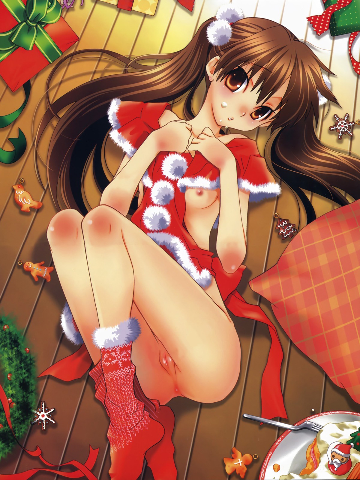 1girls anus breasts brown_background brown_eyes brown_hair christmas christmas_clothing christmas_socks female floor floorboards food food_on_face innocent light-skinned_female light_skin nipples no_bra no_panties presents pussy ribbon rule34 sock tied_hair twintails uncensored