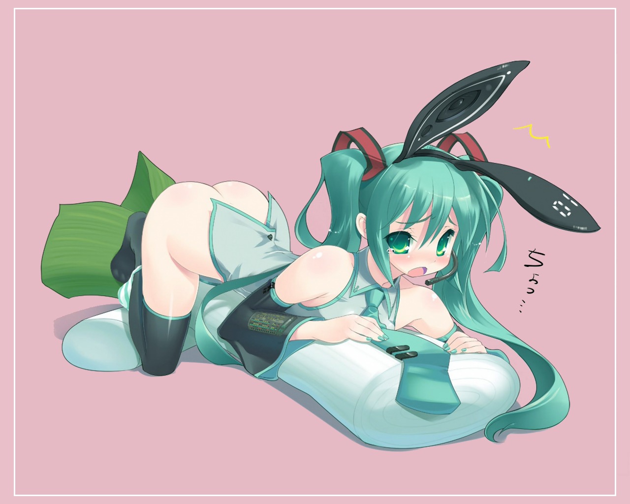 1girl animal_ear animal_ears aqua_hair aqua_nails ass blush bottomless detached_sleeves female green_eyes green_hair hatsune_miku headset kemonomimi long_hair nail_polish necktie negi open_mouth panties panties_around_one_leg rabbit_ears rule34 solo spring_onion striped striped_panties tears themed_object thighhighs twintails underwear usamimi vocaloid