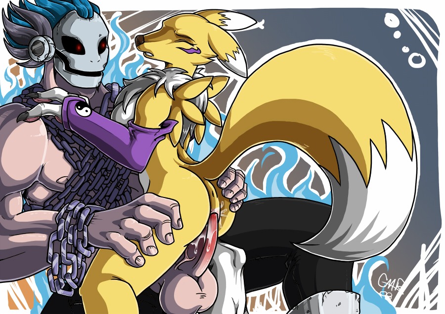 anthro canine chain color cum digimon digimon_(species) female fox fur furry interspecies male nude penis pussy renamon rule34 sex side_view skullmeramon tagme vaginal_penetration