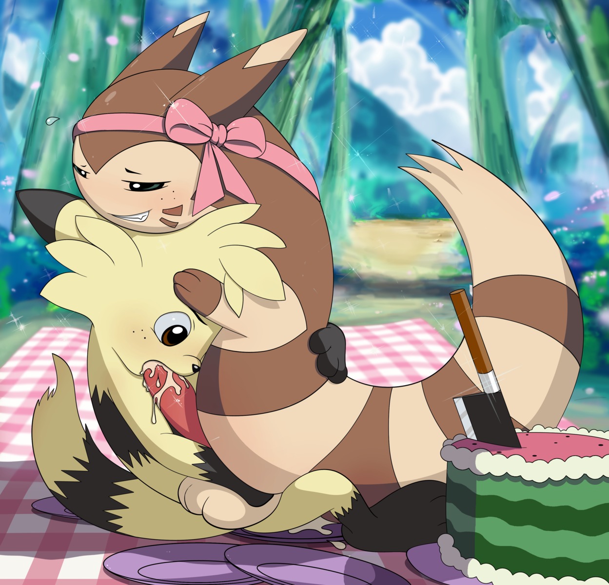 absurd_res accessory anal anal_penetration blush bodily_fluids bow_(feature) bow_accessory bow_ribbon cake cloud conditional_dnp cum cum_in_ass cum_in_mouth cum_inside cum_on_ground dessert detailed_background duo e621 erection fellatio flurret food forest fruit furret generation_2_pokemon genital_fluids genitals hair_accessory hair_bow hair_ribbon hi_res knife male male/male male_penetrated male_penetrating male_penetrating_male mammal melon mustelid nintendo oral oral_penetration oral_while_penetrating orgasm outside penetration penile penis picnic picnic_blanket plant plate pokemon pokemon_(species) ribbons sex sky tail tree tricksta watermelon watermelon_cake