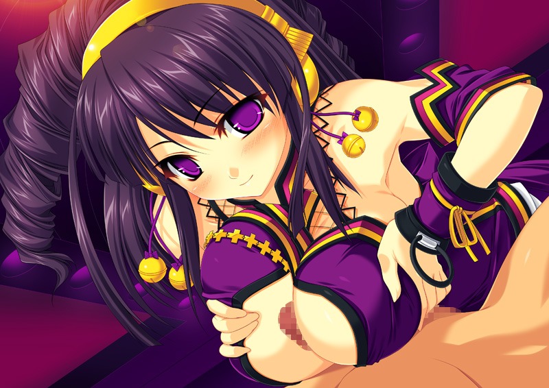 beatmania beatmania_iidx bell blush breast_squeeze breasts censored drill_hair female headphones kinoshita_ichi male paizuri paizuri_under_clothes penis purple_eyes purple_hair rule34 smile straight umegiri_hifumi