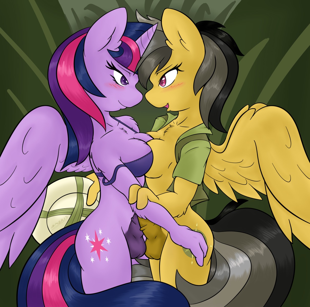 2014 absurd_res ambris anthro anthrofied balls big_breasts black_hair blush bra breasts clothed clothing cutie_mark daring_do_(mlp) duo e621 equid equine erection feathered_wings feathers friendship_is_magic frottage fur genitals gynomorph hair hasbro hat headgear headwear hi_res horn intersex mammal multicolored_hair my_little_pony mythological_creature mythological_equine mythology off_shoulder open_mouth pegasus penile penis penises_touching pink_eyes purple_body purple_eyes purple_fur purple_hair sex side_view smile tan_body tan_fur twilight_sparkle_(mlp) two_tone_hair underwear winged_unicorn wings