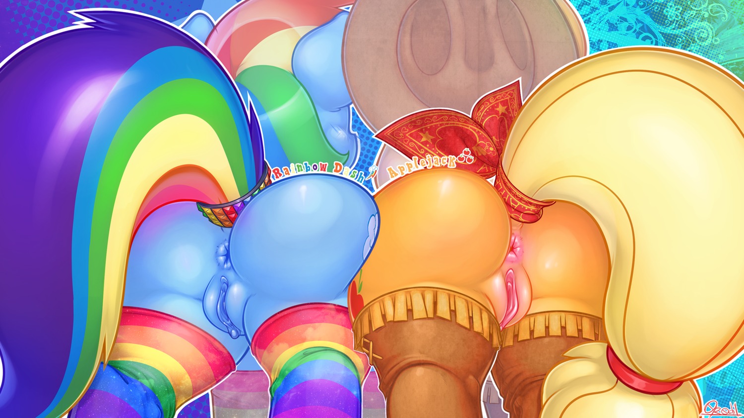 0r0ch1 16:9 2014 abstract_background anus applejack_(mlp) blue_body blue_fur butt clothing cowboy_hat cutie_mark duo e621 earth_pony equid equine female feral footwear friendship_is_magic fur genitals hair hasbro hat headgear headwear hi_res horse legwear mammal multicolored_hair multicolored_tail my_little_pony orange_body orange_fur pattern_clothing pattern_legwear pony presenting presenting_hindquarters rainbow_dash_(mlp) rainbow_hair rainbow_tail rear_view simple_background socks stockings striped_clothing striped_legwear stripes tail vulva wallpaper widescreen