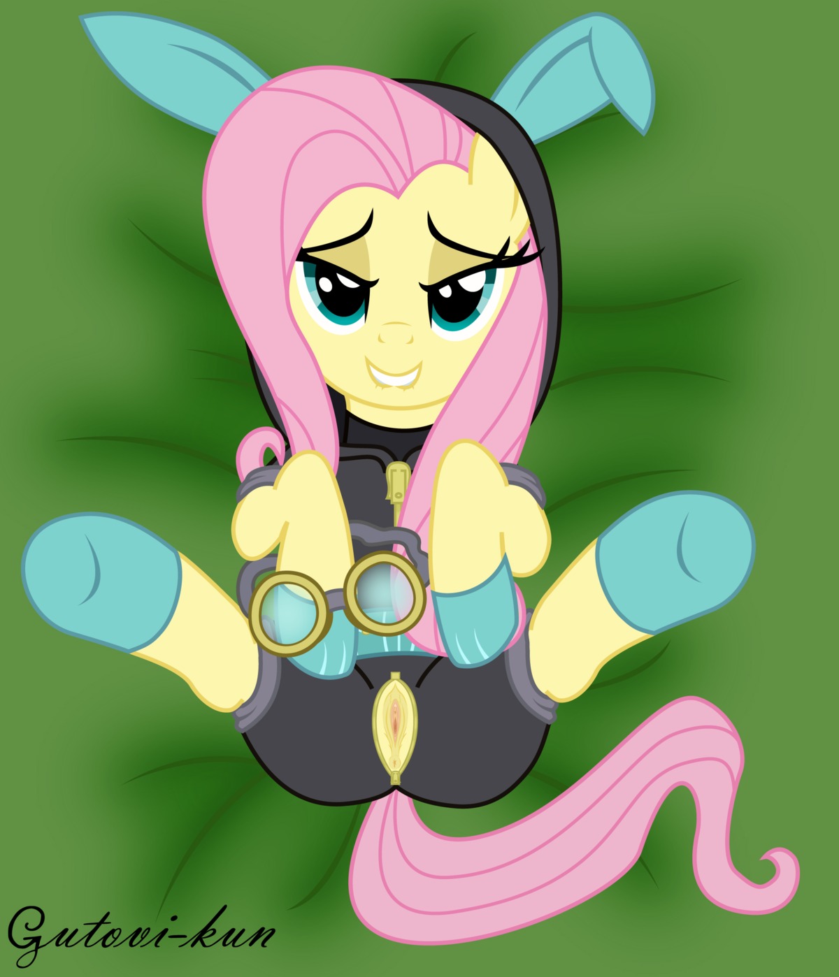 absurd_res bodysuit clothing e621 equid equine eyewear fake_ears fake_rabbit_ears female female_feral feral fluttershy_(mlp) friendship_is_magic fur genitals goggles gutovi-kun hair hasbro hi_res horse hymen legwear long_hair looking_at_viewer lying mammal my_little_pony on_back open_mouth pink_hair pony presenting presenting_vulva seductive skinsuit smile solo spread_legs spreading stockings tight_clothing vulva
