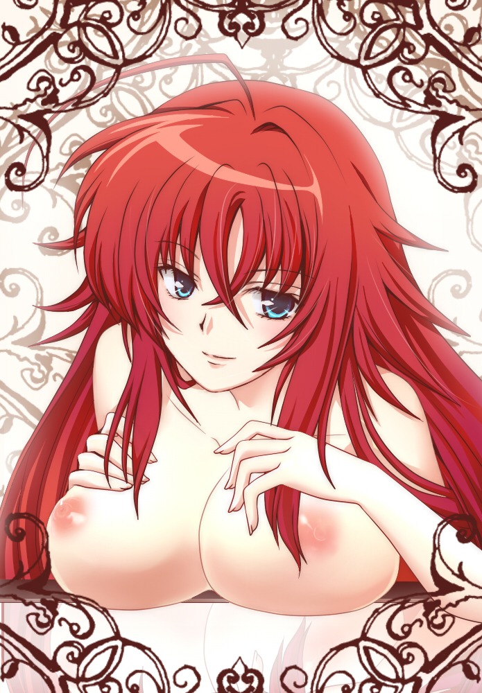 1girls ahoge artist_request blue_eyes blush breasts cartoony cleavage female female_only high_school_dxd large_breasts long_hair nipples red_hair rule34 smile