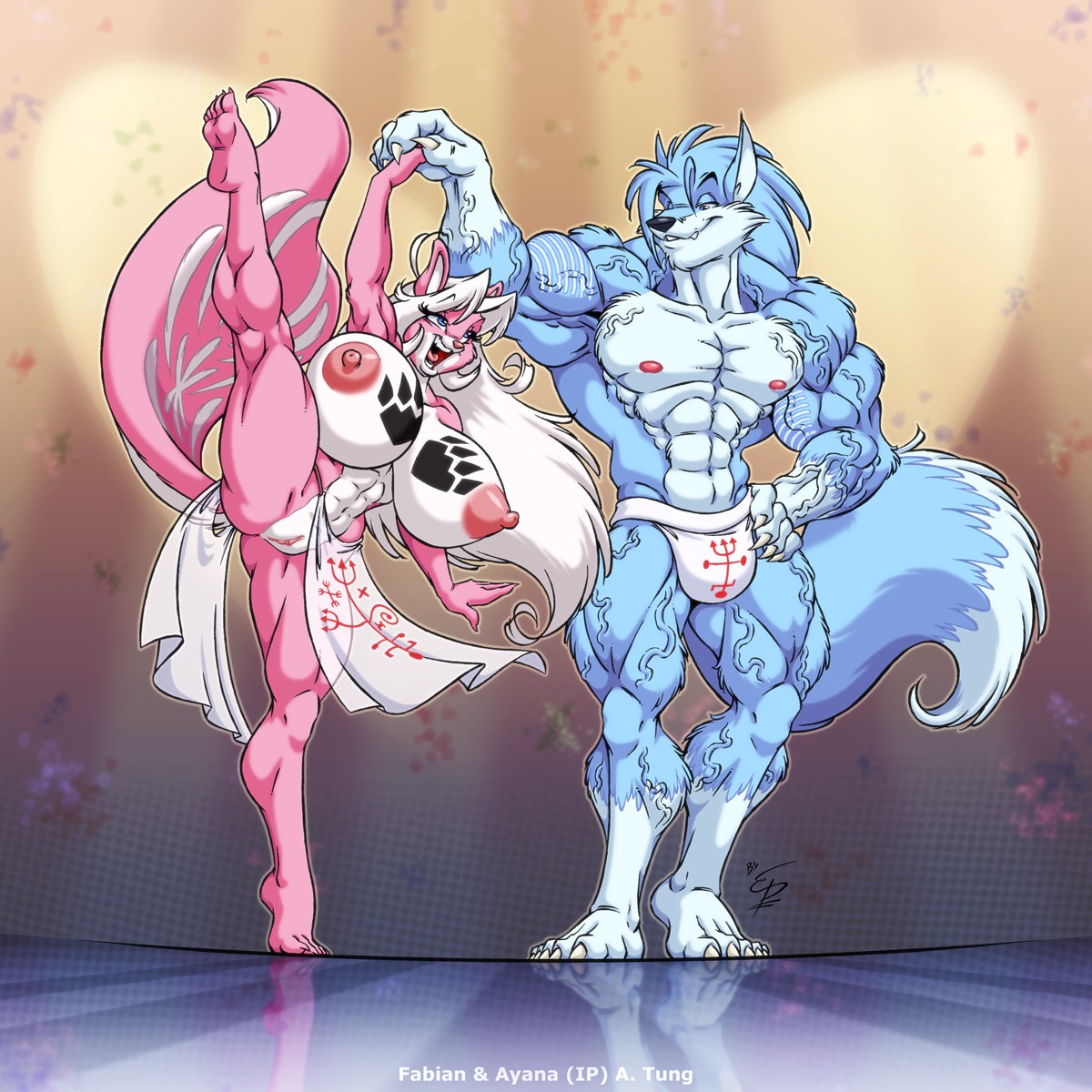 abs anthro armpits ayana biceps blue_eyes blue_fur bodybuilder breasts canine clothes eltonpot eyes fabian female flexible fur furry hair huge_breasts loincloth long_hair male markings muscles muscular muscular_armpits nipples pecs pink pink_fur pussy raised_leg rule34 serratus_anterior skimpy skunk spread_legs spreading straight tail topless underwear veins white_fur white_hair wolf