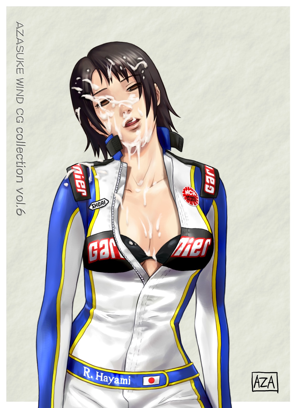 1girls azasuke black_hair bodysuit bra breasts brown_eyes cleavage cum cum_on_body cum_on_breasts cum_on_clothes cum_on_hair cum_on_upper_body empty_eyes facial female high_resolution lingerie r:racing_evolution racing_suit rena_hayami rule34 short_hair solo underwear