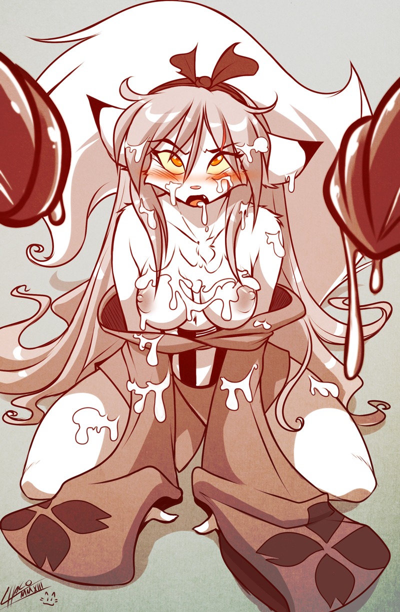 amber_eyes anthro blush bodily_fluids bottomwear breasts chalo clothed clothing cum cum_on_breasts dirty domestic_cat e621 felid feline felis female genital_fluids genitals group hair hi_res kate_(chalo) kneeling long_hair looking_at_viewer male male/female mammal nipples penis shorts topless