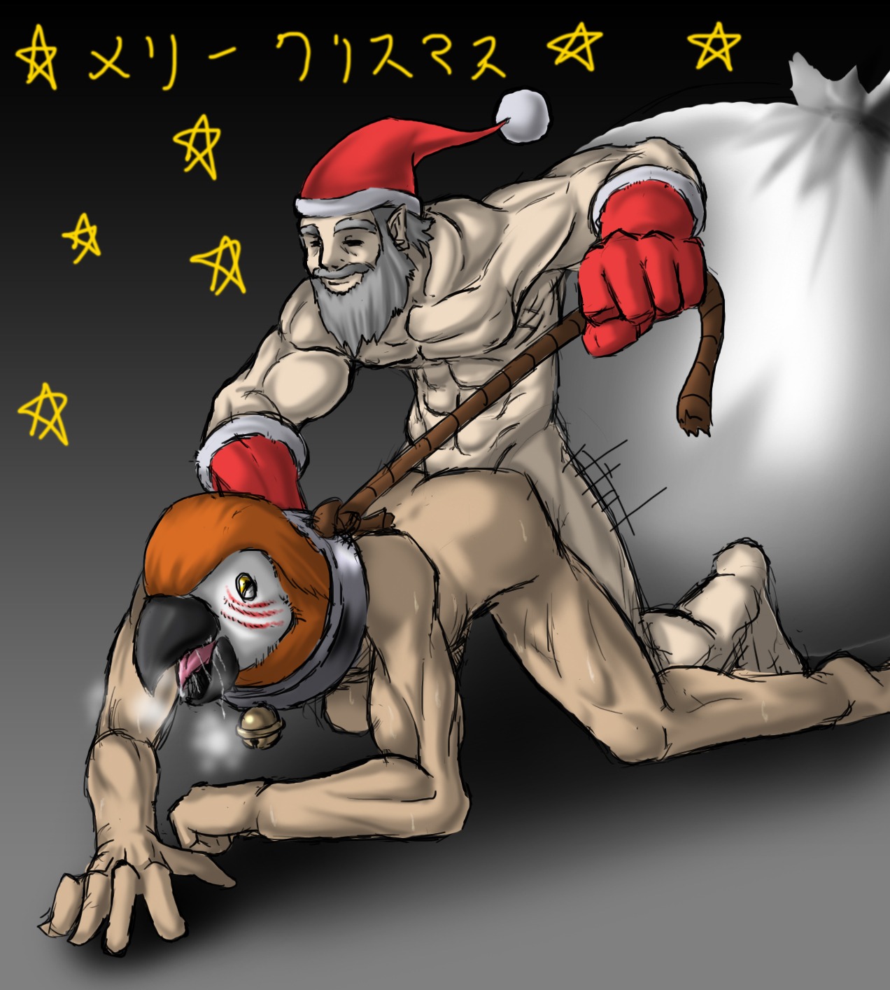 abs all_fours animal_head animal_humanoid avian beak beard bell biceps bird blush bodily_fluids christmas clothing collar dominant dominant_male duo e621 facial_hair feathers for_a_head from_behind_position gradient_background grey_hair hair hat headgear headwear hi_res holding_leash holding_object holidays human human_on_humanoid humanoid interspecies japanese_text leash leash_pull male male/male mammal muscular nipples nude orange_body orange_feathers parrot pecs sack saliva santa_claus sex simple_background submissive submissive_male sweat text tongue translated what why おいもたろう