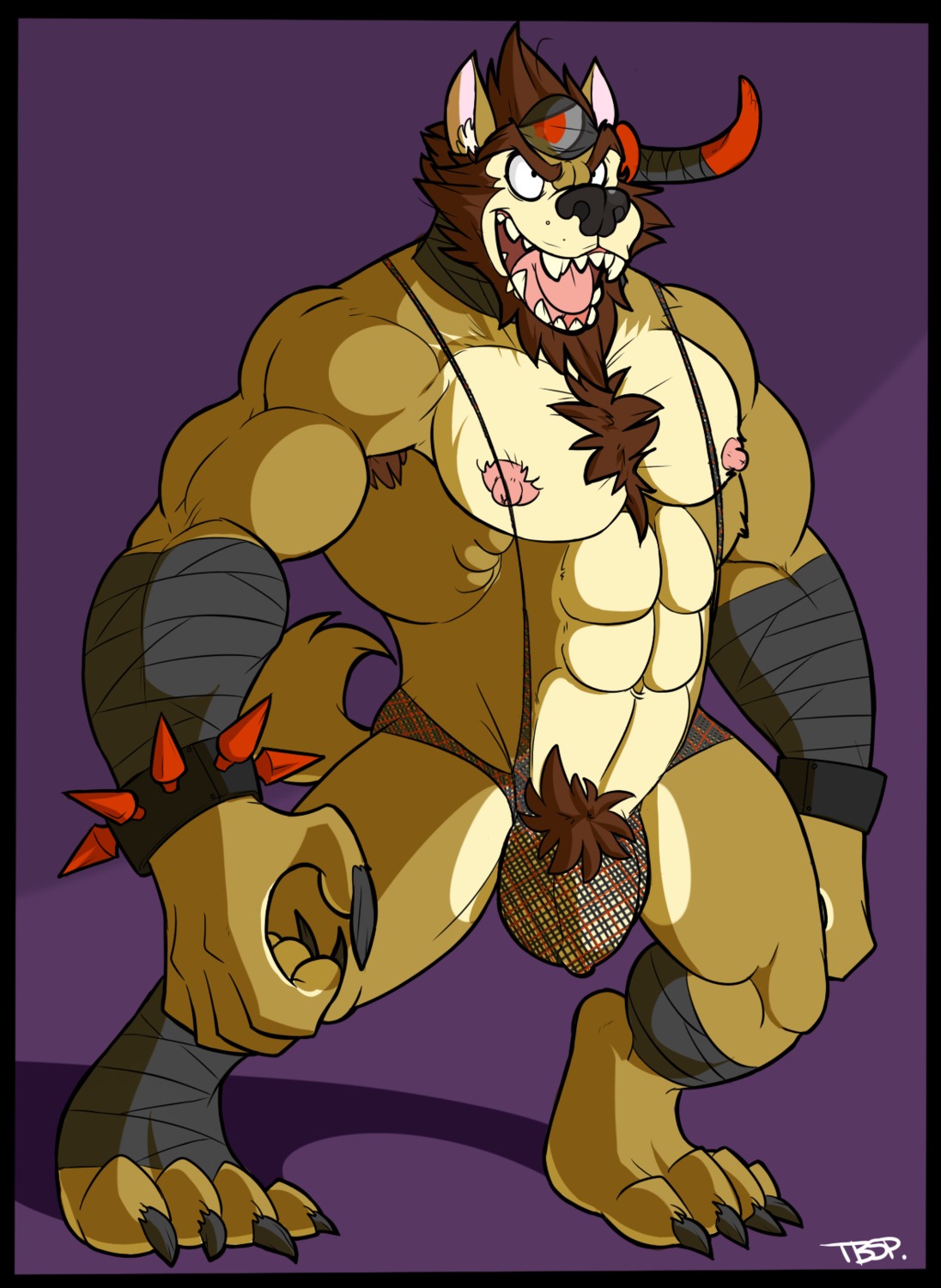 4_toes 5_fingers abs anthro armpit_hair balls bandage beard biceps big_muscles biped body_hair bracelet brown_hair bulge canid canine canis chest_tuft clothing crotch_tuft detailed_bulge domestic_dog e621 facial_hair fangs feet fingers fishnet_clothing flaccid foreskin fur genital_outline genitals hair hi_res horn husky jewelry male mammal mostly_nude muscular muscular_anthro muscular_male nipples nordic_sled_dog pecs penis penis_outline pubes simple_background solo spiked_bracelet spikes spitz standing suspenders teeth toes toomuchdynamite tuft