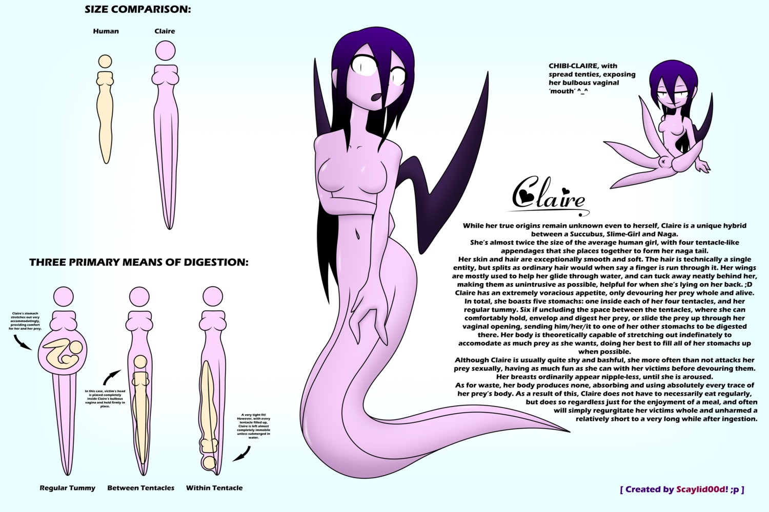 3:2 apode breasts chibi claire_(scaylid00d) draconcopode e621 english_text female female_prey genitals hair hi_res humanoid lamia legless long_hair maximignon model_sheet non-mammal_breasts purple_body purple_hair reptile scalie serpentine snake solo split_form tentacles text vore vulva wings
