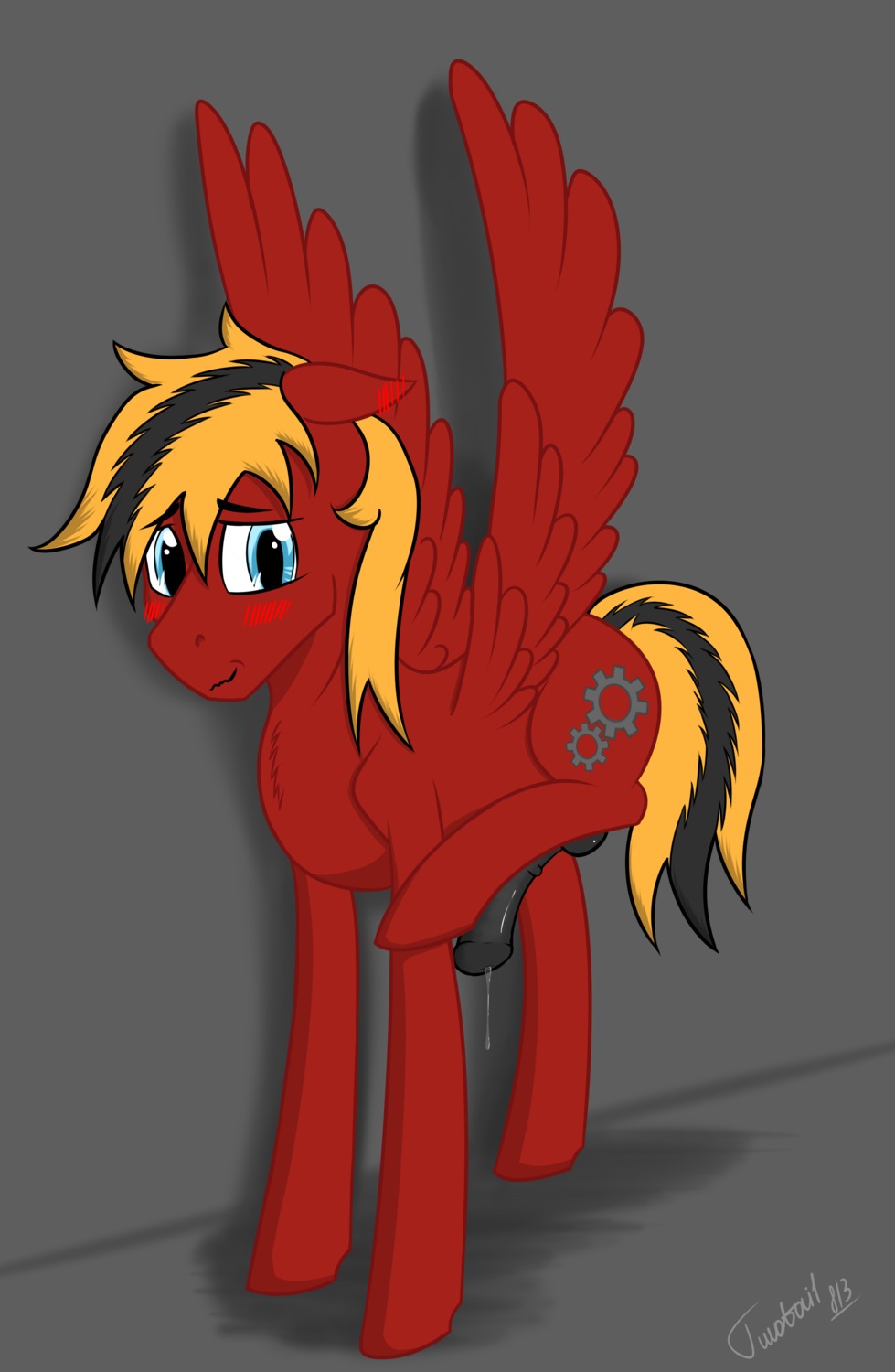 2013 absurd_res animal_genitalia animal_penis balls black_hair black_penis blonde_hair blue_eyes blush bodily_fluids cutie_mark e621 ear_blush equid equine equine_genitalia equine_penis erection fan_character feathered_wings feathers feral fur gear_(mlp) genital_fluids genitals hair hasbro hi_res male mammal multicolored_hair my_little_pony mythological_creature mythological_equine mythology nude pegasus penis precum red_body red_fur red_wings solo tail twotail813 wings