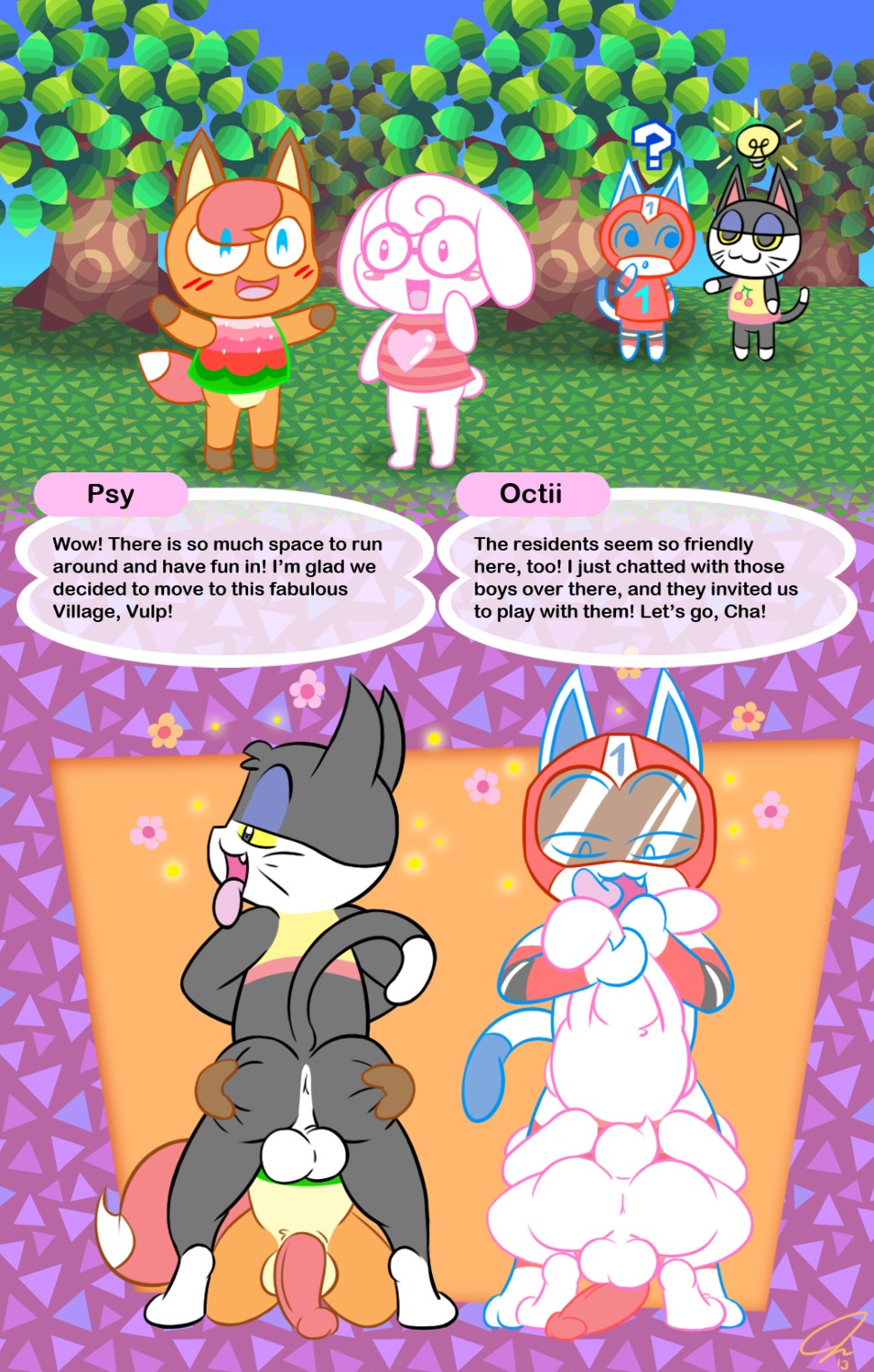 animal_crossing anthro anus arm_by_side arms_bent backsack balls bent_arm bent_legs bottomless bubble_butt butt butt_grab clothed clothing crouching dialogue domestic_cat e621 ear_grab english_text erection extended_arm extended_arms felid feline felis femboy genitals grabbing_both_ears group hand_on_another's_butt hand_on_butt hands_on_ears head_turned header header_box hi_res kid_cat_(animal_crossing) kneeling kneeling_oral_position legs_together licking licking_lips licking_own_lips male male/male male_penetrated male_penetrating male_penetrating_male mammal nintendo octii open_mouth oral parallel_sex penetration penis penis_backwards psy_(psyredtails) psyredtails punchy_(animal_crossing) self_lick sex spread_arms spread_knees squeezing standing straight_arm straight_legs text text_header tongue tongue_out wide_stance